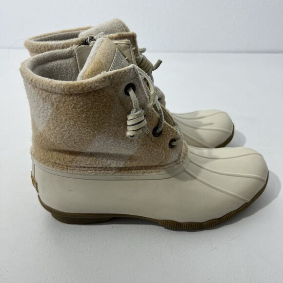 Sperry Duck Boot Womens 7.5 Cream Saltwater Buffalo Check Rain Bone Lace Up - Picture 6 of 10